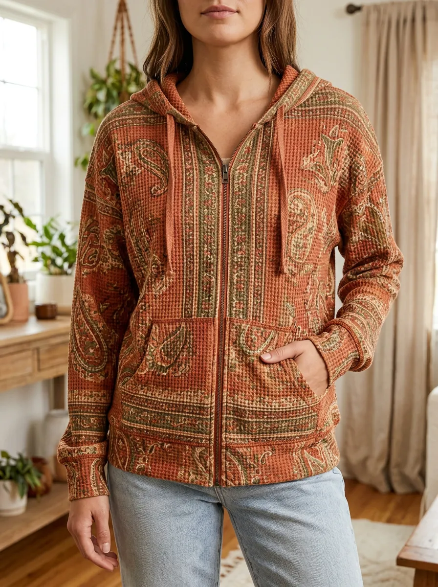 Women's Boho Paisley Signature Layout Waffle Zip-Up Hoodie