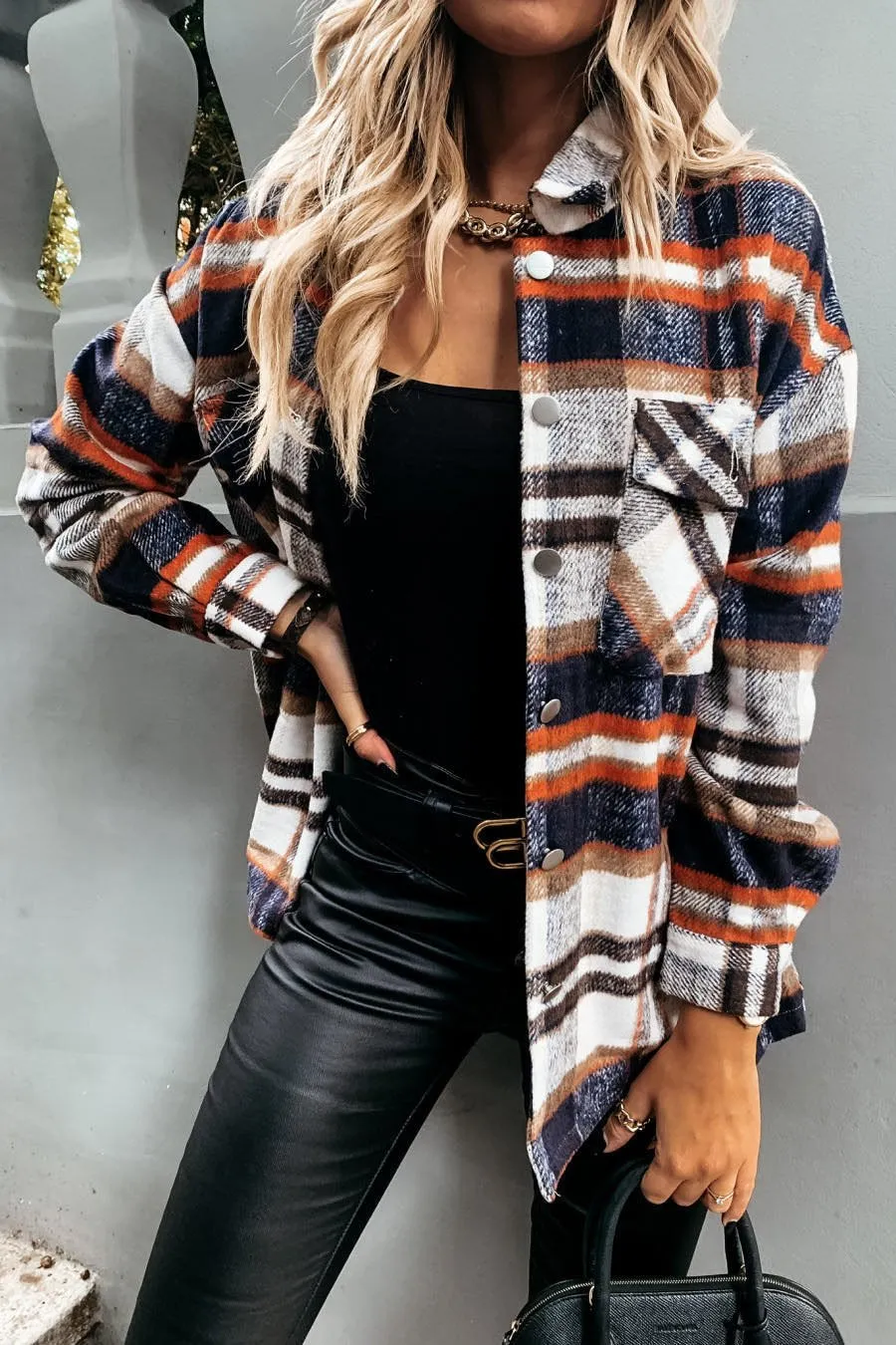 Casual Lapel  Button Plaid Pocket Coat