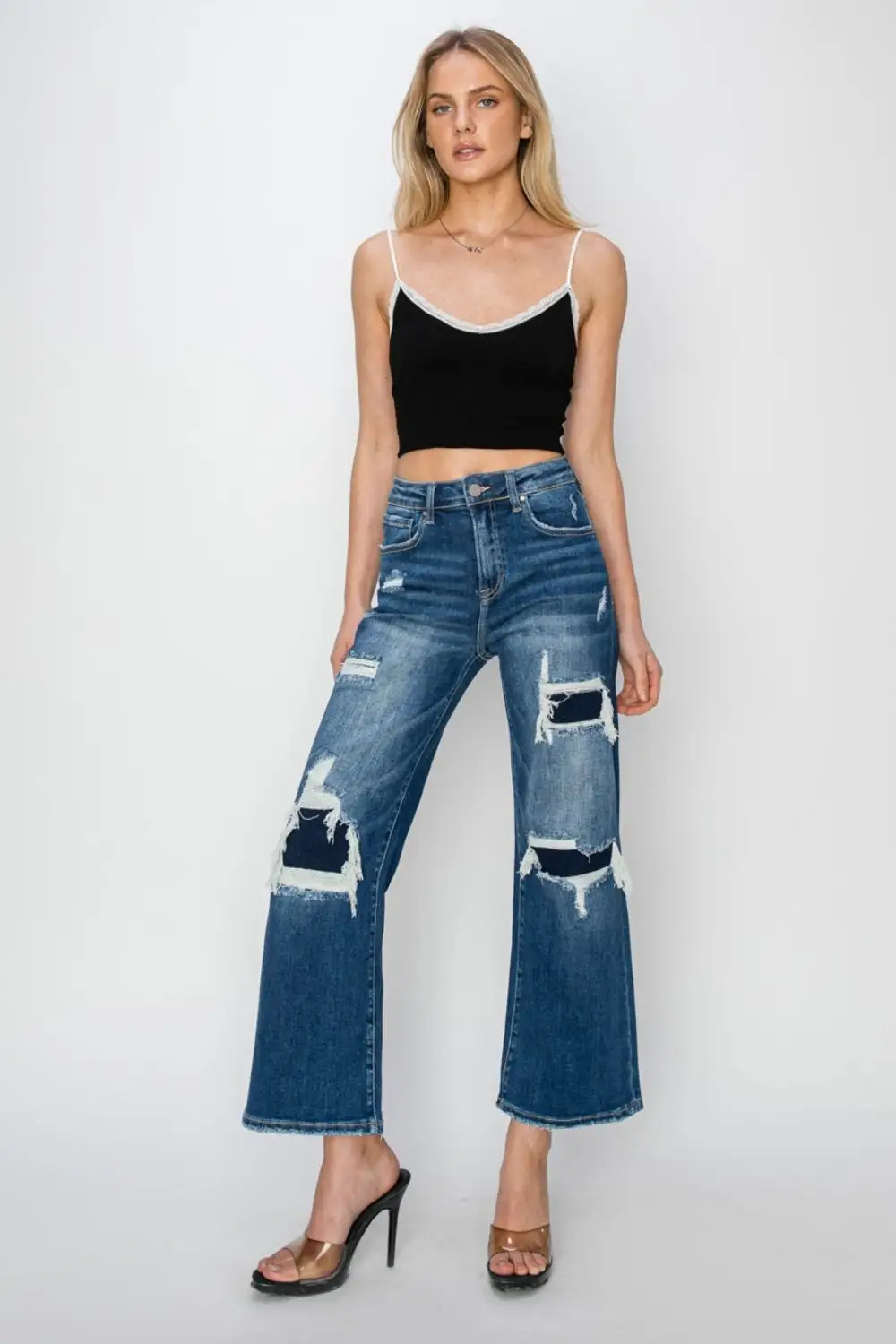 High Rise Patch Detailed Wide Leg Denim Jeans
