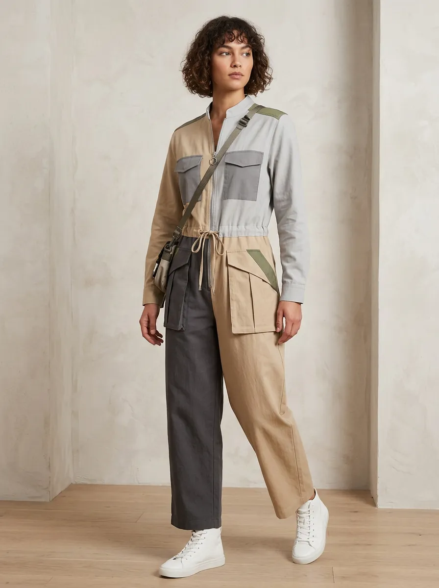 Women's Utility Style Colorblock Patchwork Cargo Jumpsuit