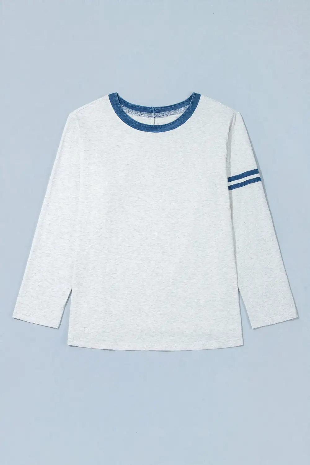 Striped Round Neck Denim Accent Relaxed Long Sleeve Top