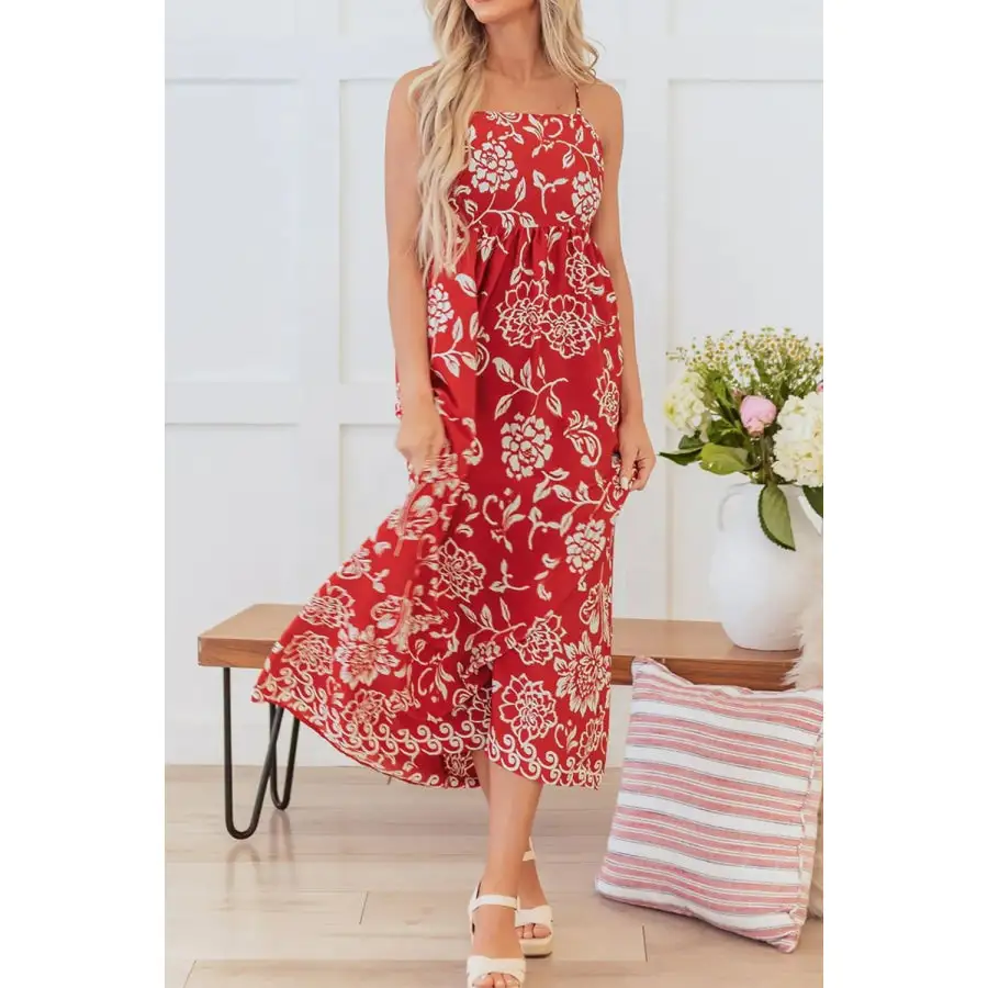 Classic Floral Printed Spaghetti Strap Empire Waist Maxi Dress