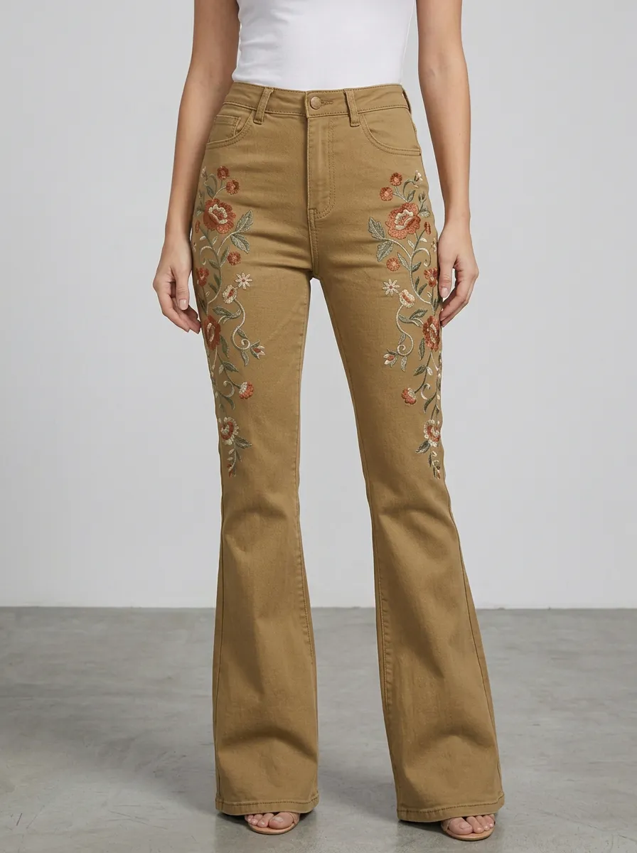 Women's Dark Wash Floral Embroidery Five-Pocket Flare Jeans