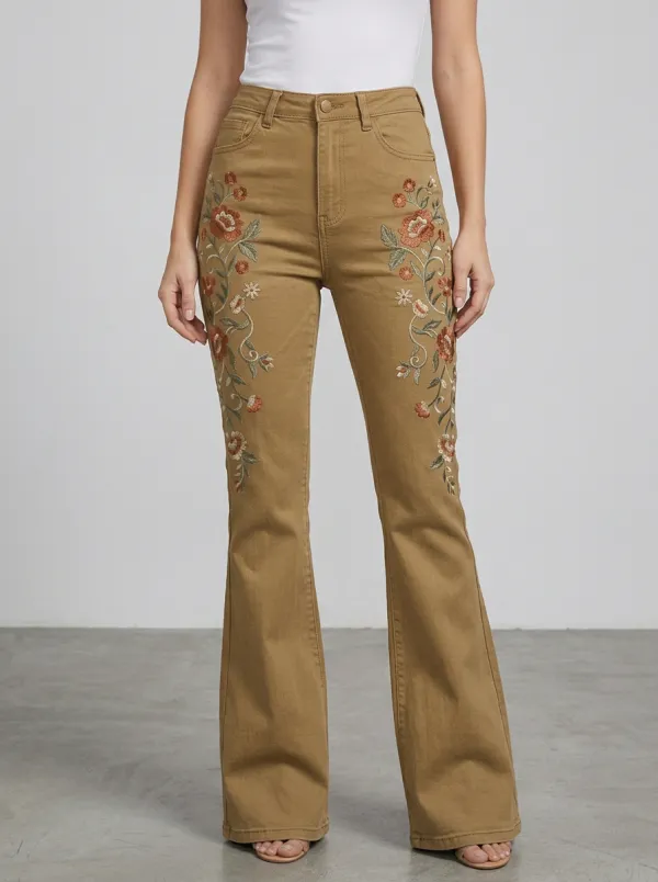 Women's Dark Wash Floral Embroidery Five-Pocket Flare Jeans