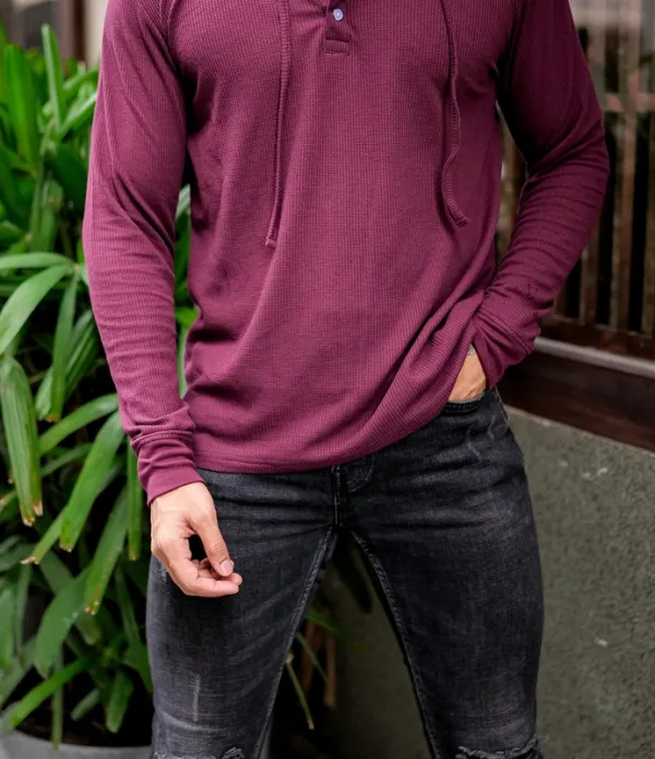 Maroon Ribbed Knit Long Sleeve Henley Shirt