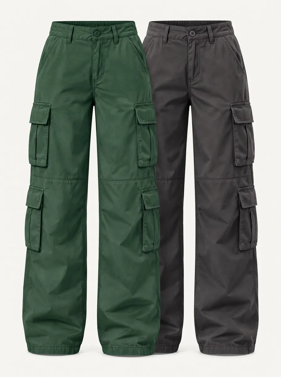Women's Green and Grey Loose Fit Cargo Pants Set
