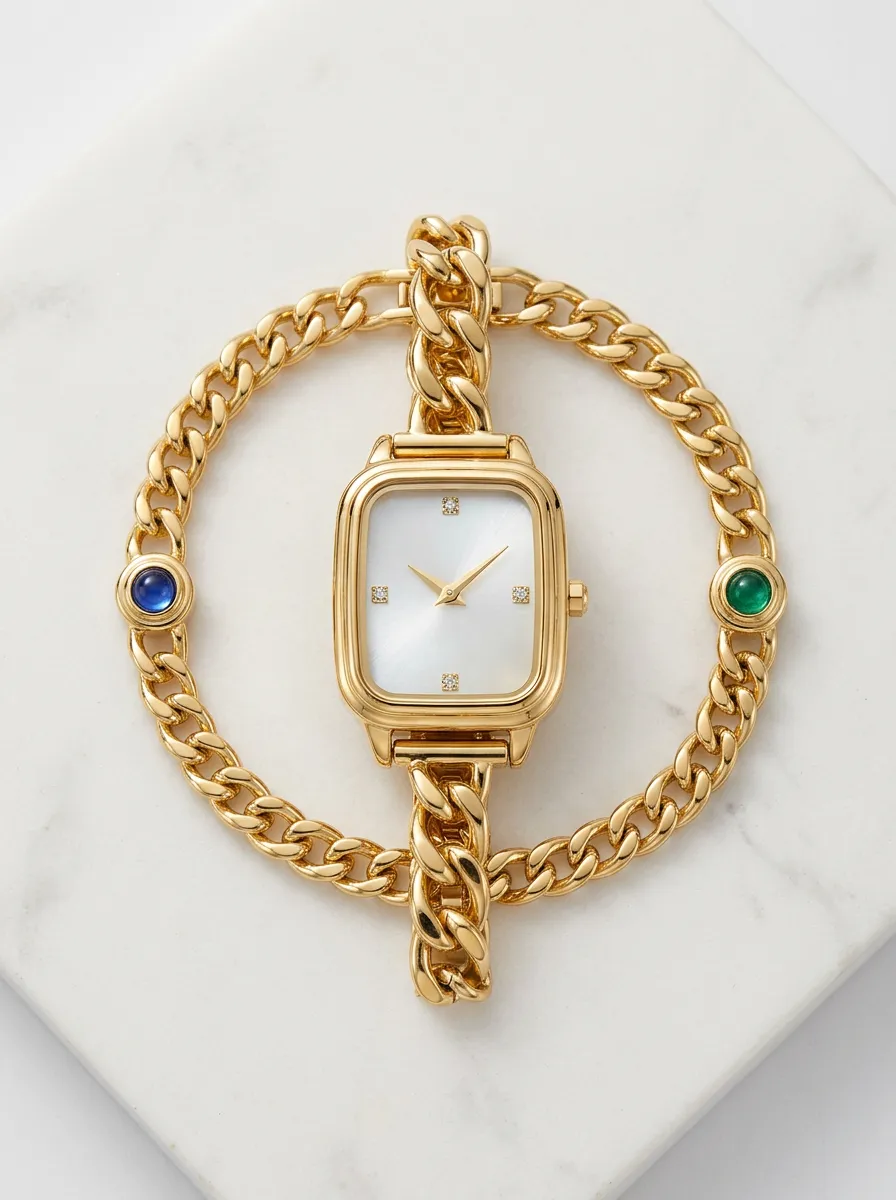 Gold-tone Chain Link Watch With Gemstone Accents