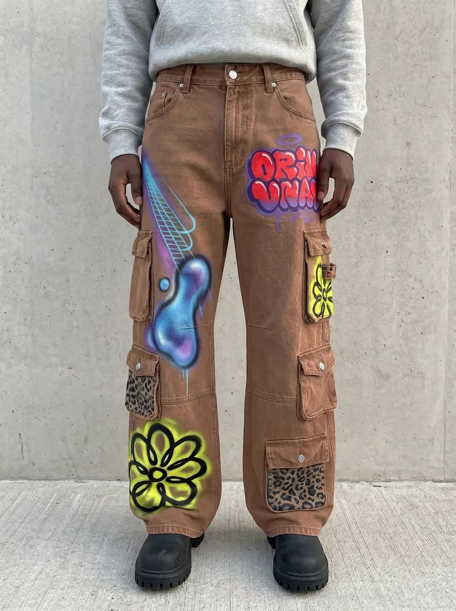 Men's Streetwear Graffiti Flower Leopard Graphic Cargo Jeans