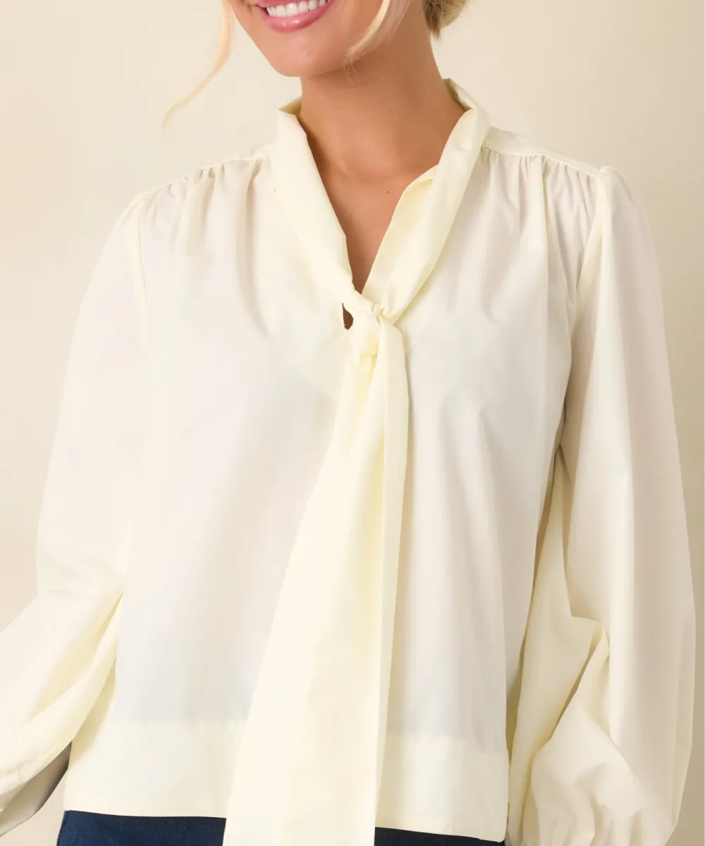 Tie-Neck Long-Sleeve Cotton-Blend Denim Blouse