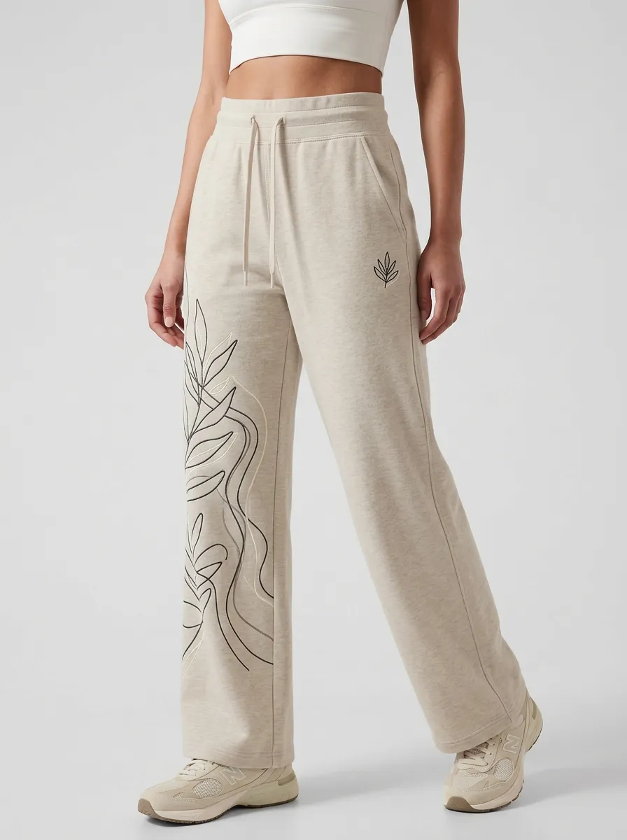 Women's Beige Heathered Wide-Leg Sweatpants