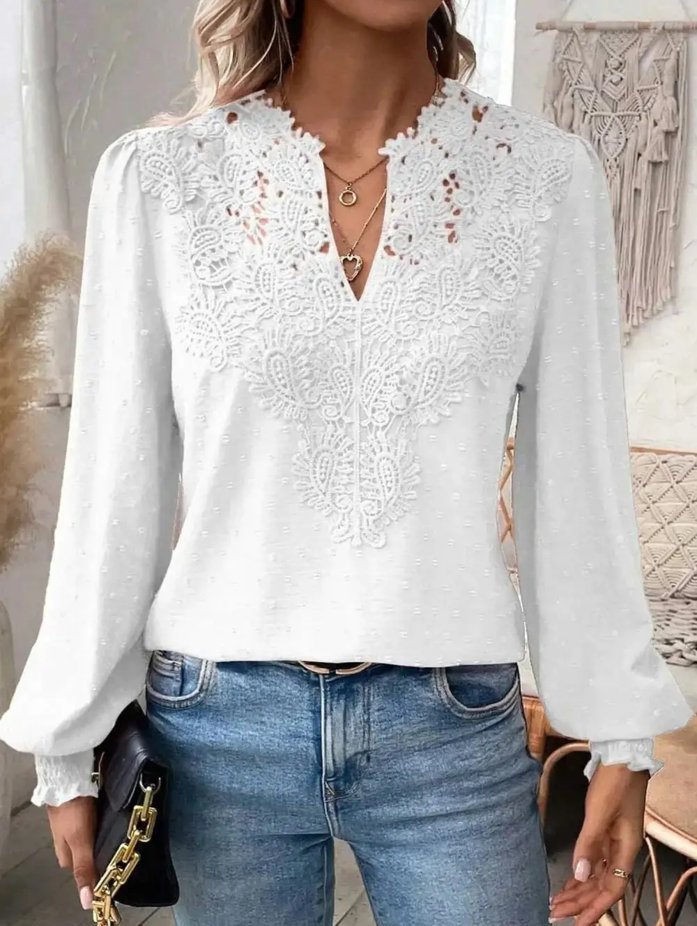 Breezy Lace Detail V Neck Blouse