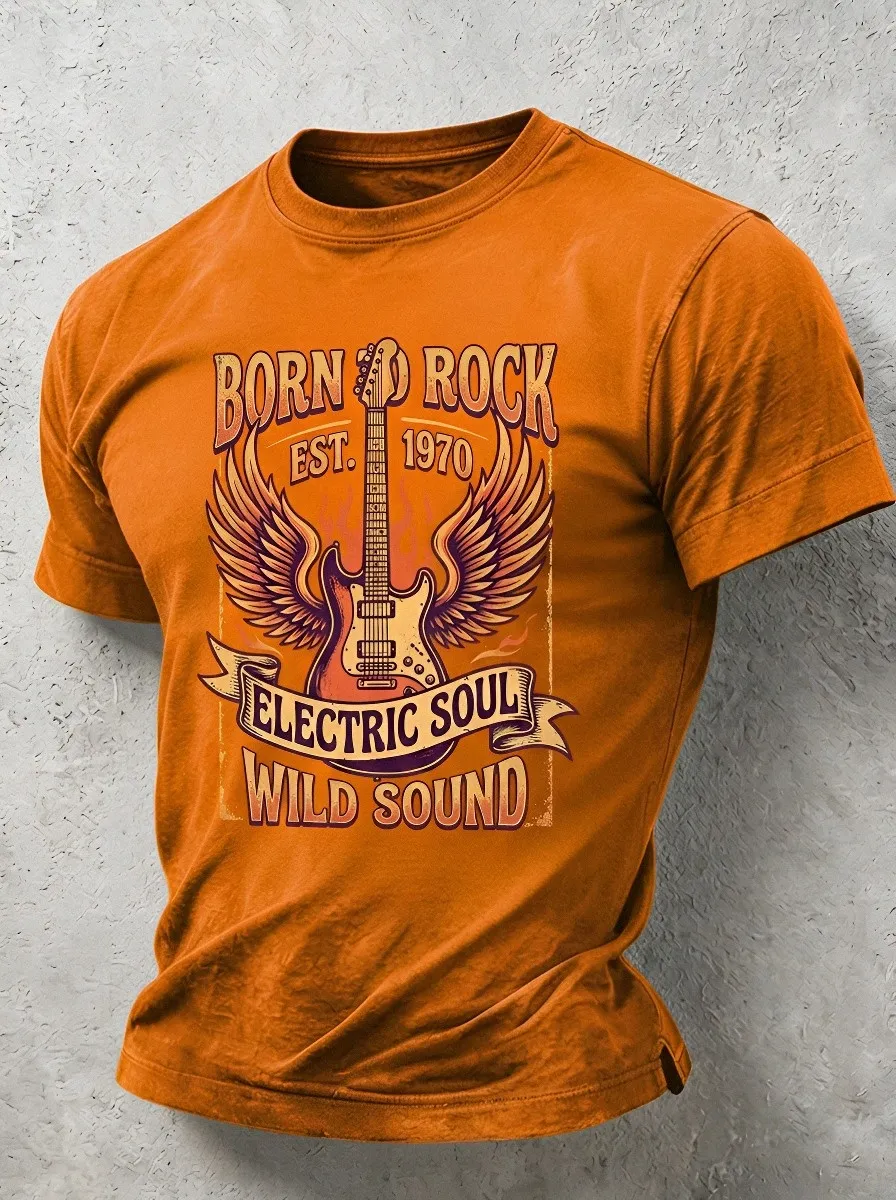 Men's Rock Music Lover Winged Electric Guitar Printed T-shirt