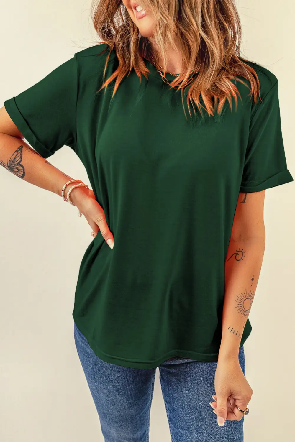 Green Casual Plain Crew Neck