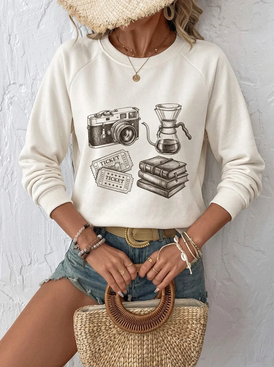 Women's Hobby Lover Camera Coffee Books Ticket Printed Sweatshirt