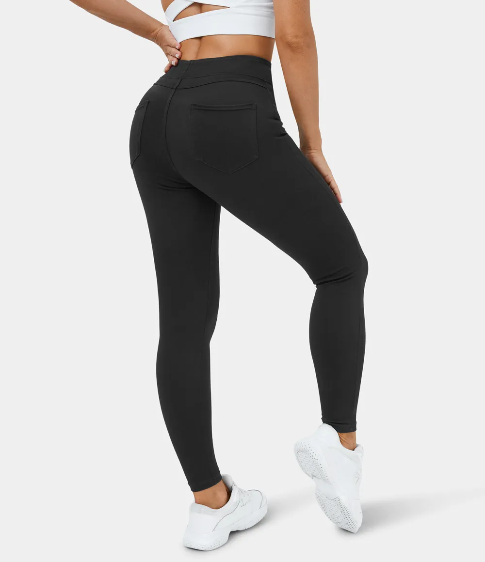 Magic High Waisted Back Side Pocket Stretchy Knit Denim Thermal Casual Leggings