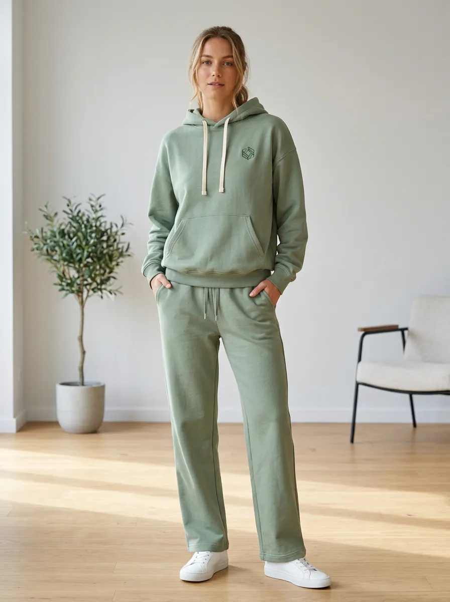 Women's Minimalist Geometric Logo Sage Green Printed Hoodie Sweatpants Set