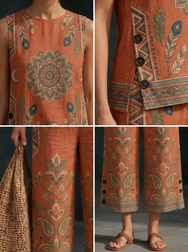 Women's Boho Mandala Feather Printed Sleeveless Set