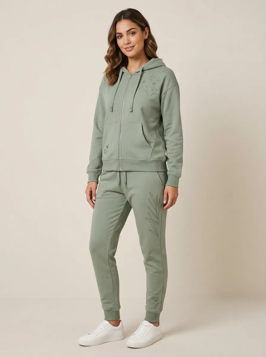 Women's Sage Green Floral Embroidered Classic Zip-Up Hoodie Jacket & Jogger Set
