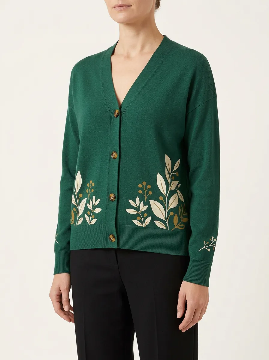 Women's Botanical Print V-Neck Cardigan