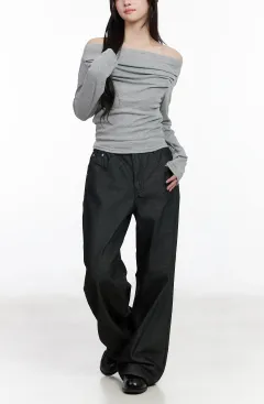 Stitch-Detail Solid Wide Leg Jeans