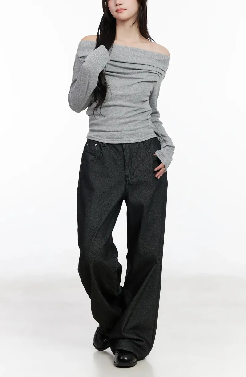 Stitch-Detail Solid Wide Leg Jeans