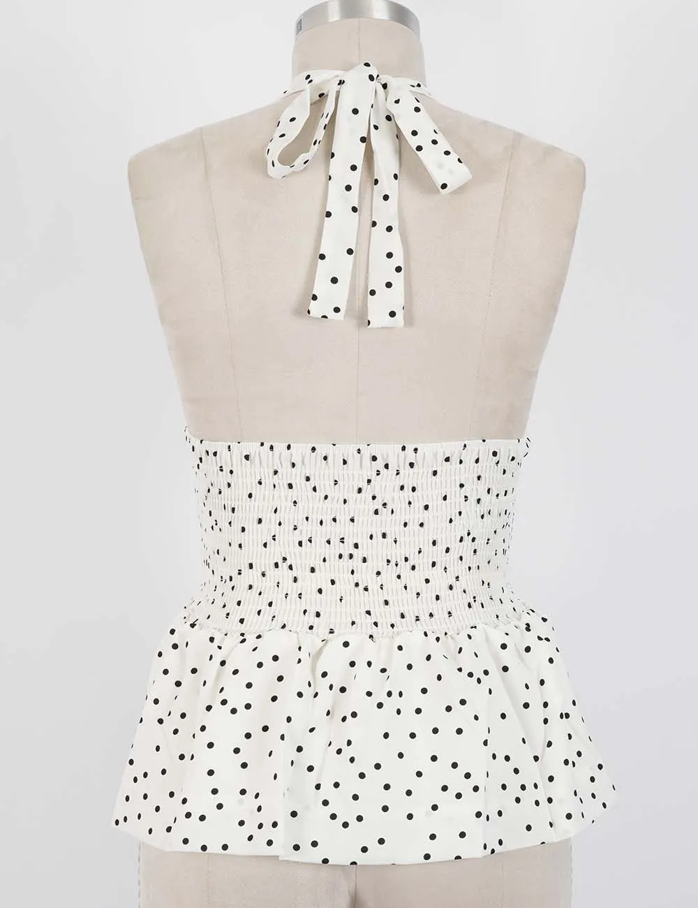 Polka Dot Halter Ruffle Hem V Neck Sleeveless Top