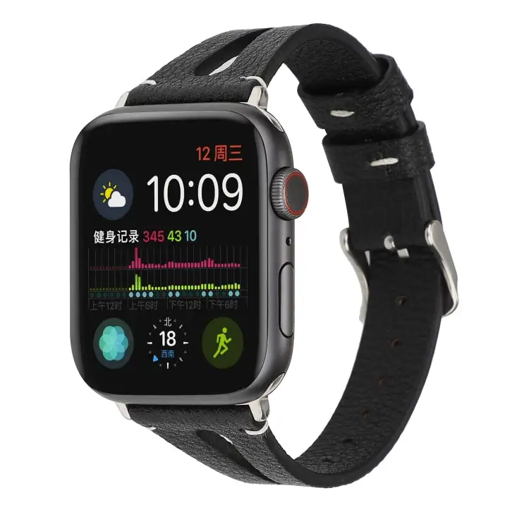 Simple V-Shaped Leather Watch Band for Watch Series 7 45 mm / 6 & SE & 5 & 4 44 mm / 3 & 2 & 1 42 mm - Black