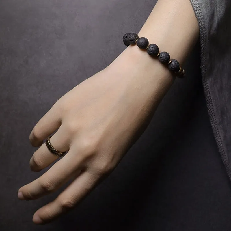 Lava Rock Stone Obsidian Brass Bracelet