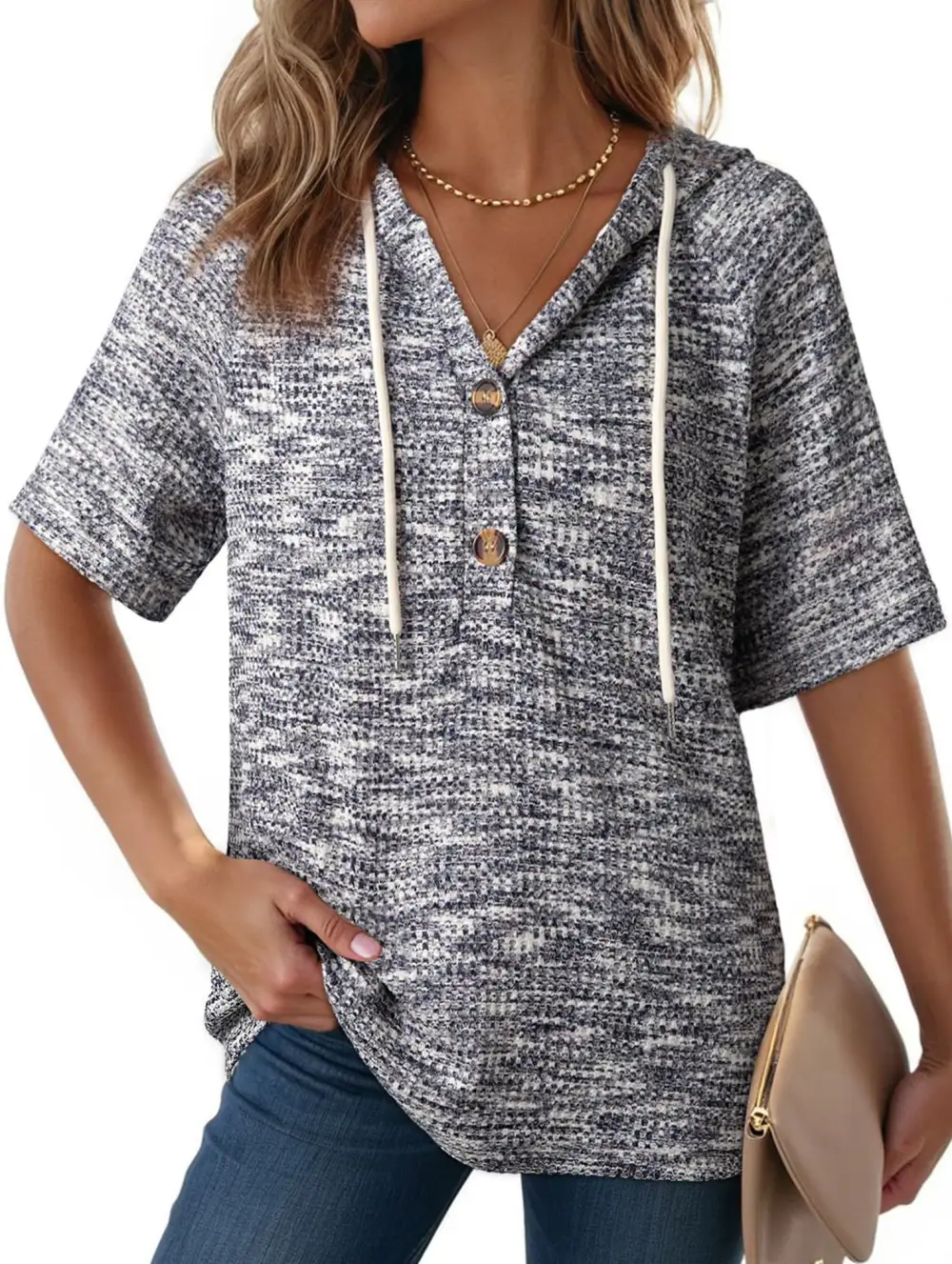 Waffle V-Neck Hooded Short Sleeve Top
