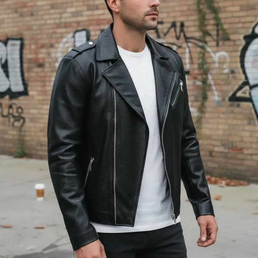 Leather Biker Motorcycle Pebbled Jacket