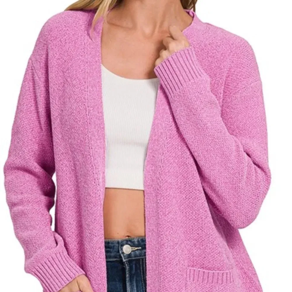 Open Front Textured Pocket Detail Knit Cardigan