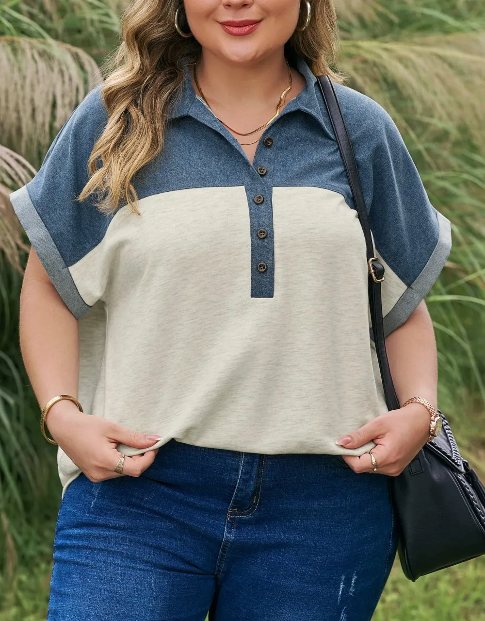 Women's Patchwork Denim Collared Top