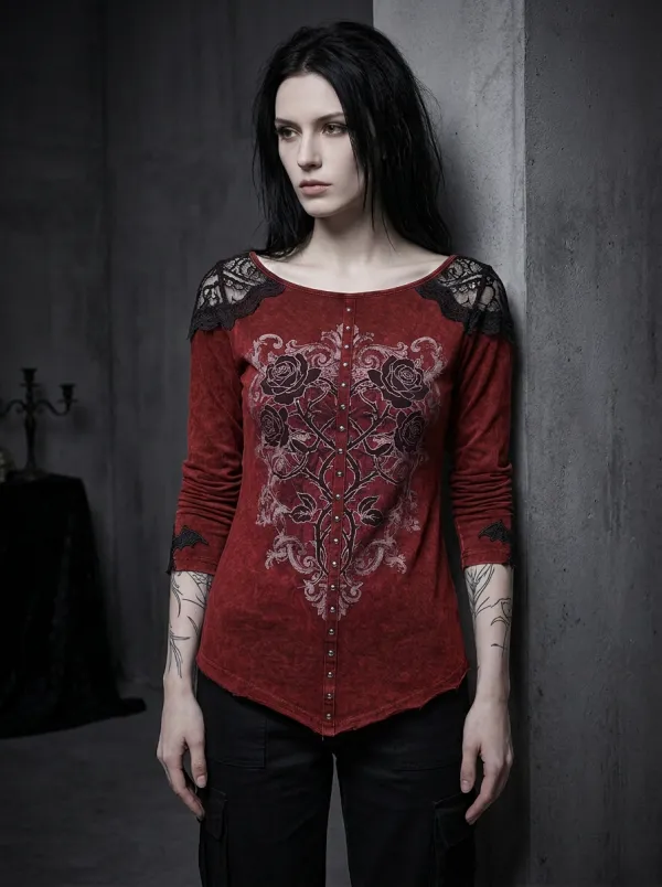 Victorian-Inspired Rose Floral Lace Street Look Women's Gothic T-Shirt