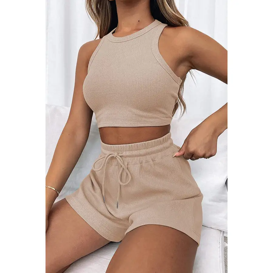 Relaxed Round Neck Top and Drawstring Shorts Set