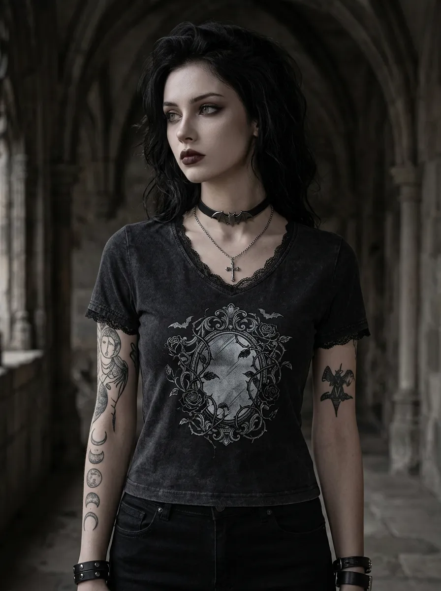 Statement Bat Rose Victorian Look Women's Gothic T-Shirt