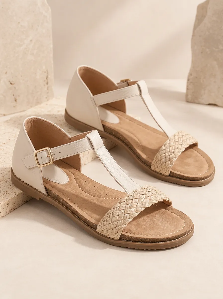Women's T Strap Braided Flat Sandals