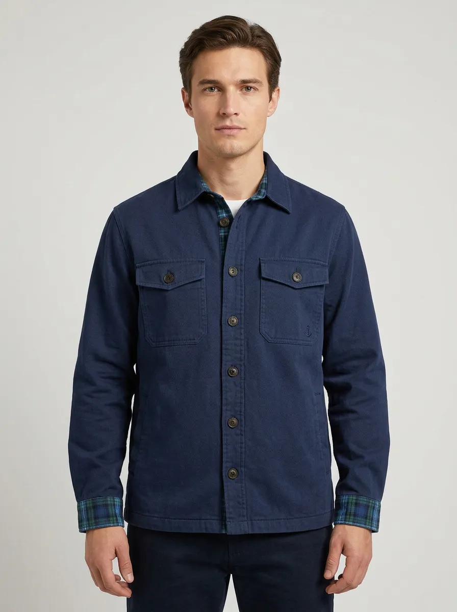 Men's Nautical Anchor Plaid Trim Printed Jacket