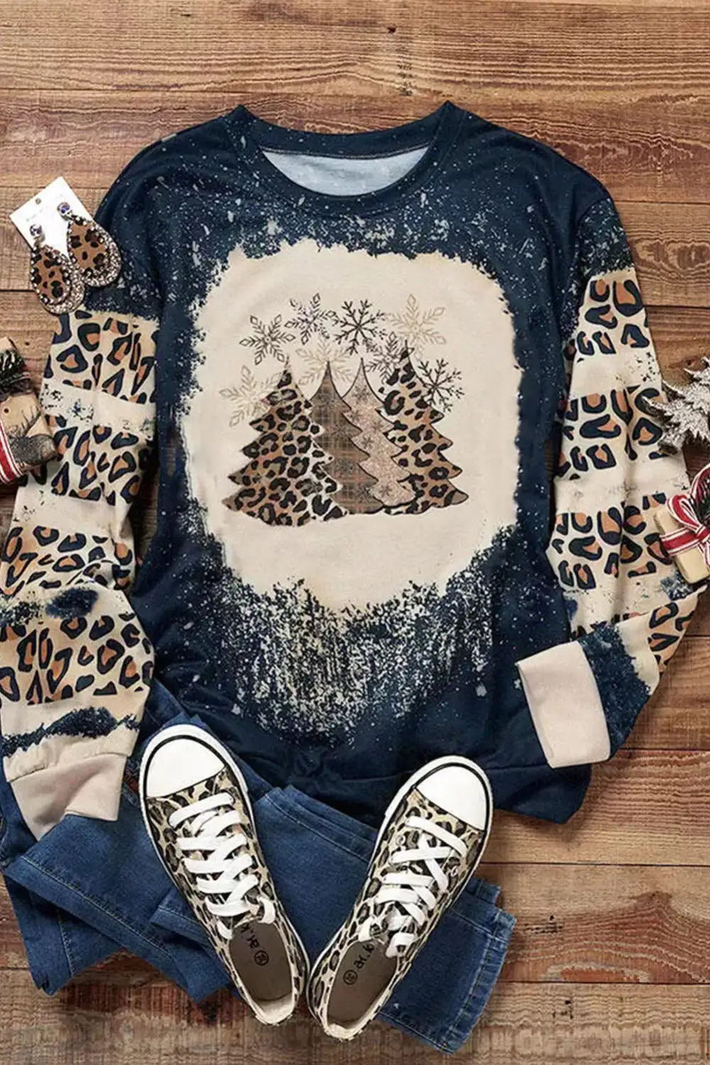 PRAY Letter Leopard Bleached Color Block Sweatshirt