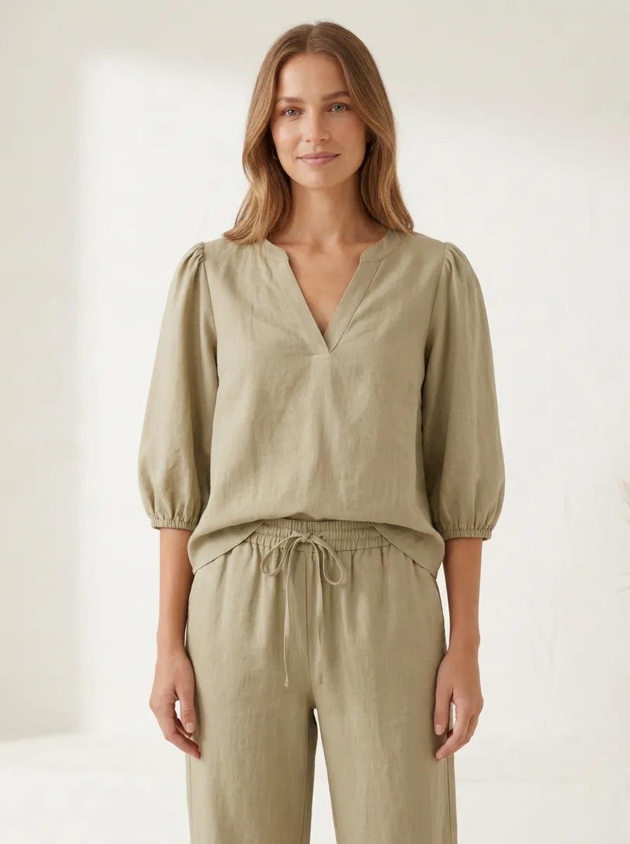Puff-Sleeve Women's V-Neck Casual Lounge Set