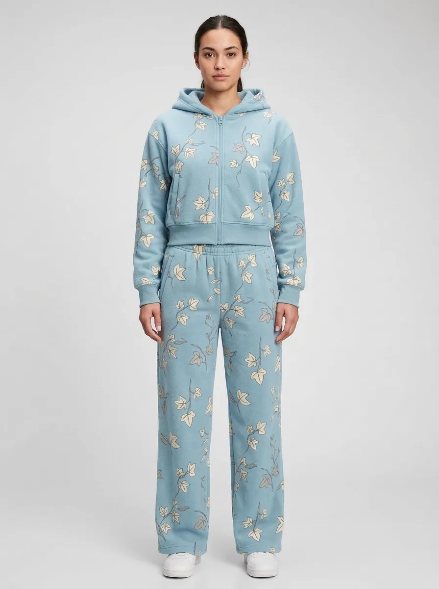 Women's Floral Print Zip-Up Hoodie And Wide-Leg Pant Set