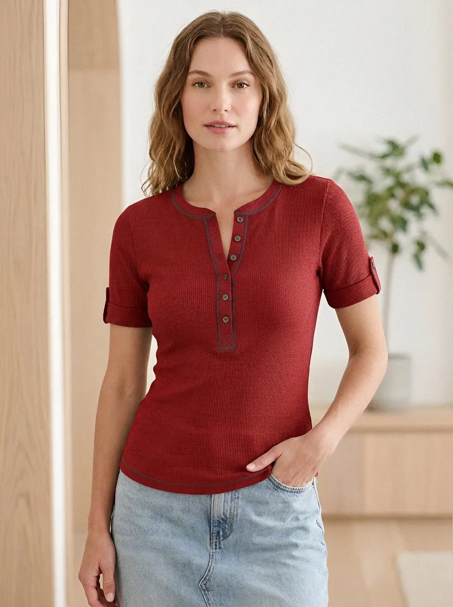 Women's Casual Olive Green Waffle Knit Button Up Henley Shirt