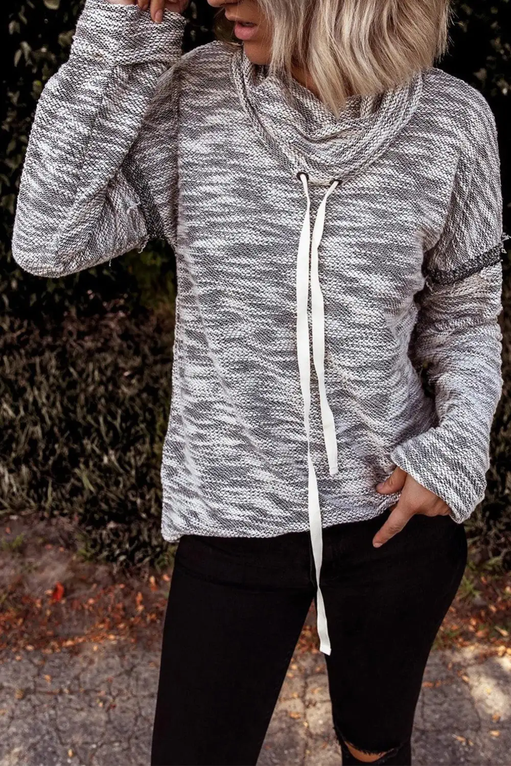 Drawstring Cowl Neck Drop Shoulder Sweatshirt