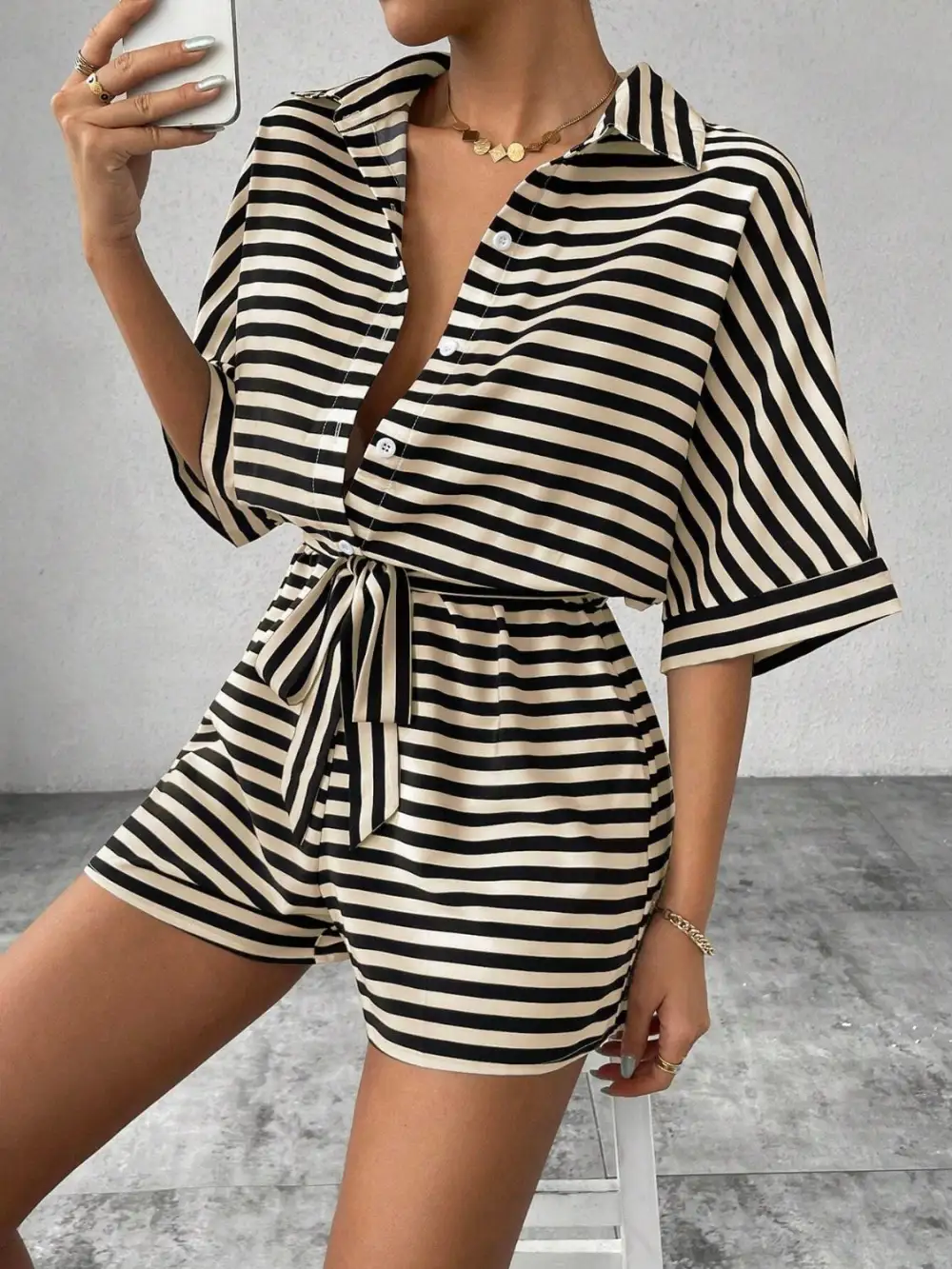 Tie Waist Half Button Romper