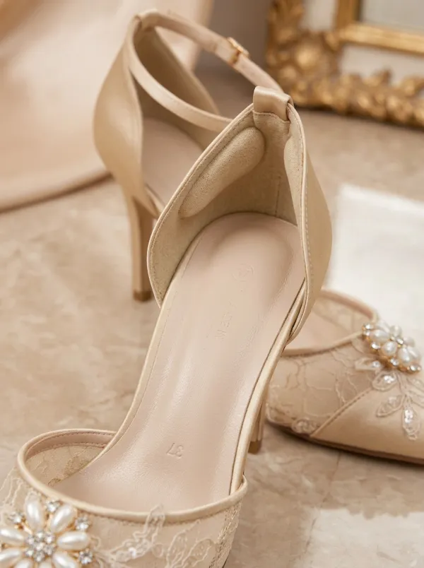 Pearl Floral Lace-Detail Ankle-Strap Women's Formal High Heels