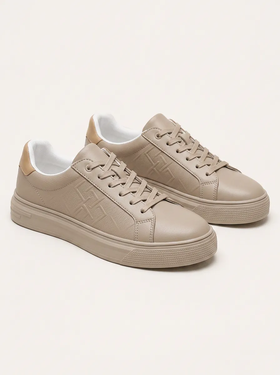 Men's Beige Geometric Pattern Embossed Printed Sneakers