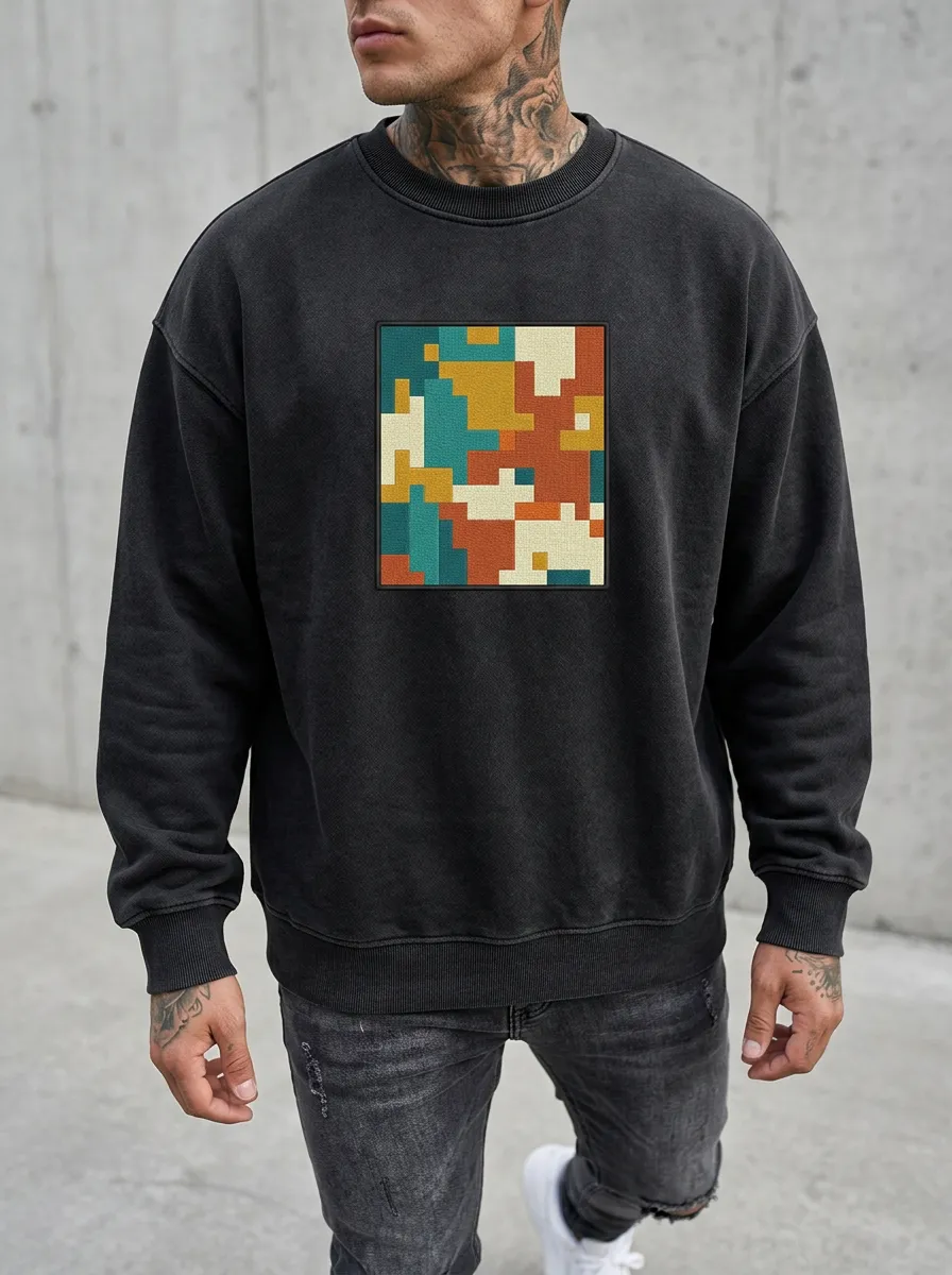 Men's Retro Pixel Art Geometric Pattern Printed Sweatshirt