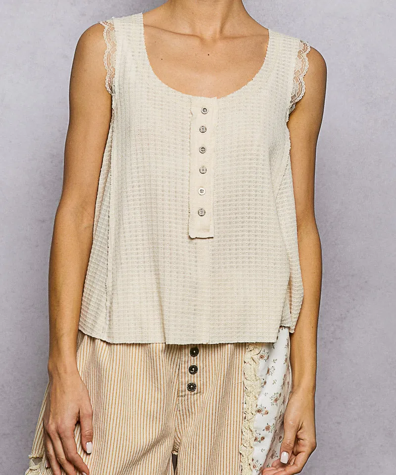 Textured Knit Round Neck Tank With Lace Detail