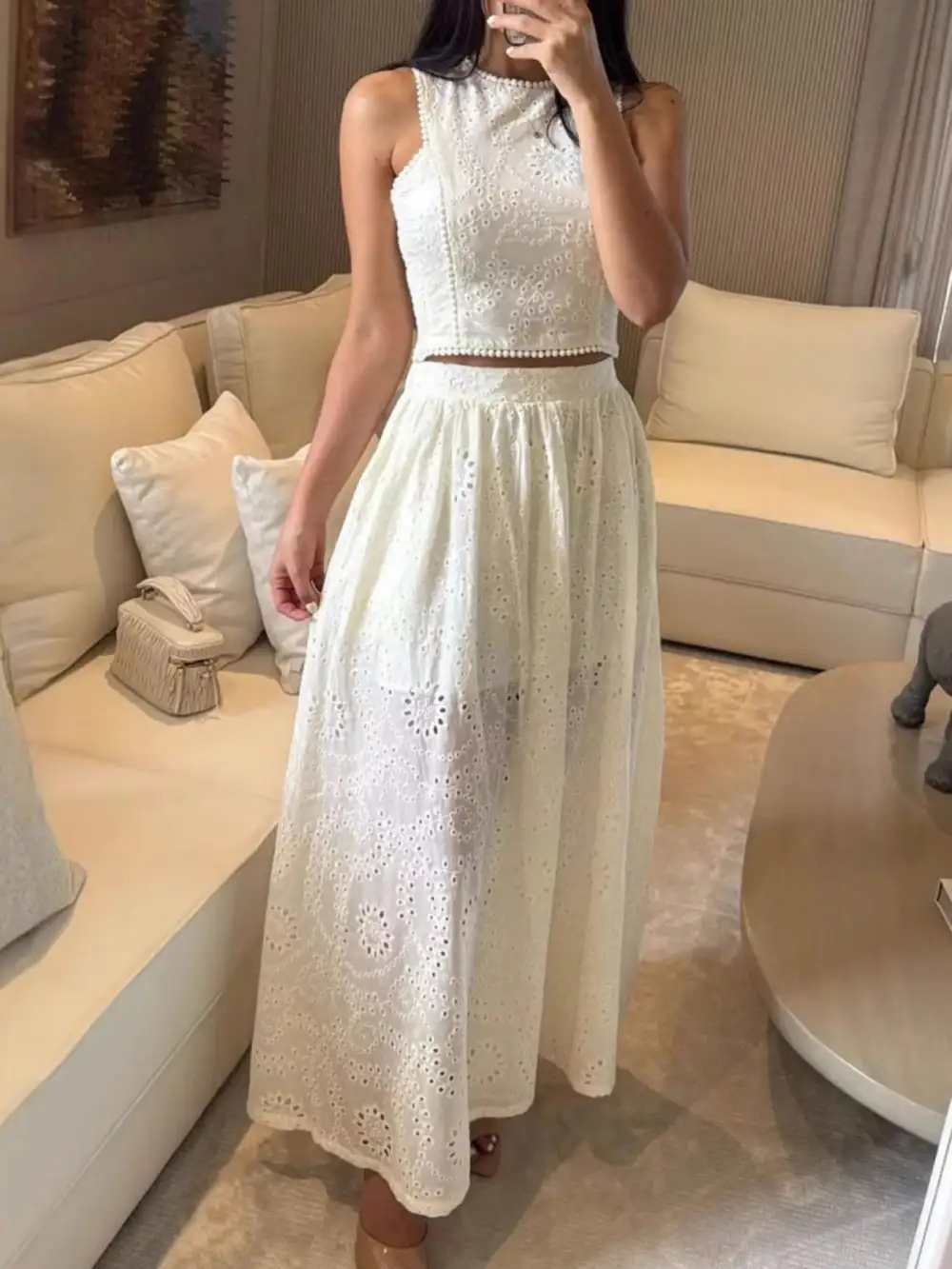 Cropped Eyelet Coordinated Set