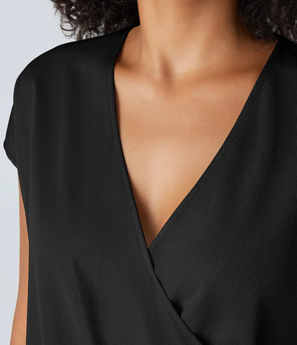 V Neck Short Sleeve Pocket Waffle Casual Romper