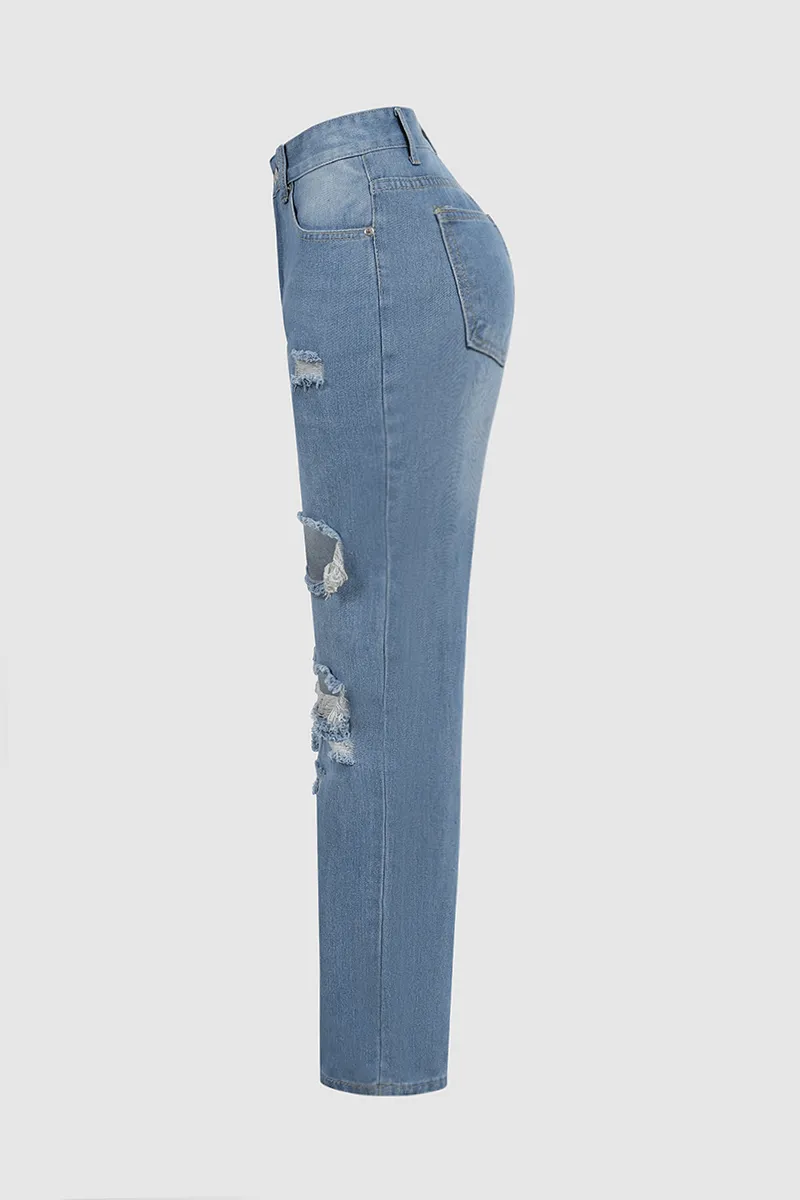 Distressed Mid Waist Straight Leg Jeans